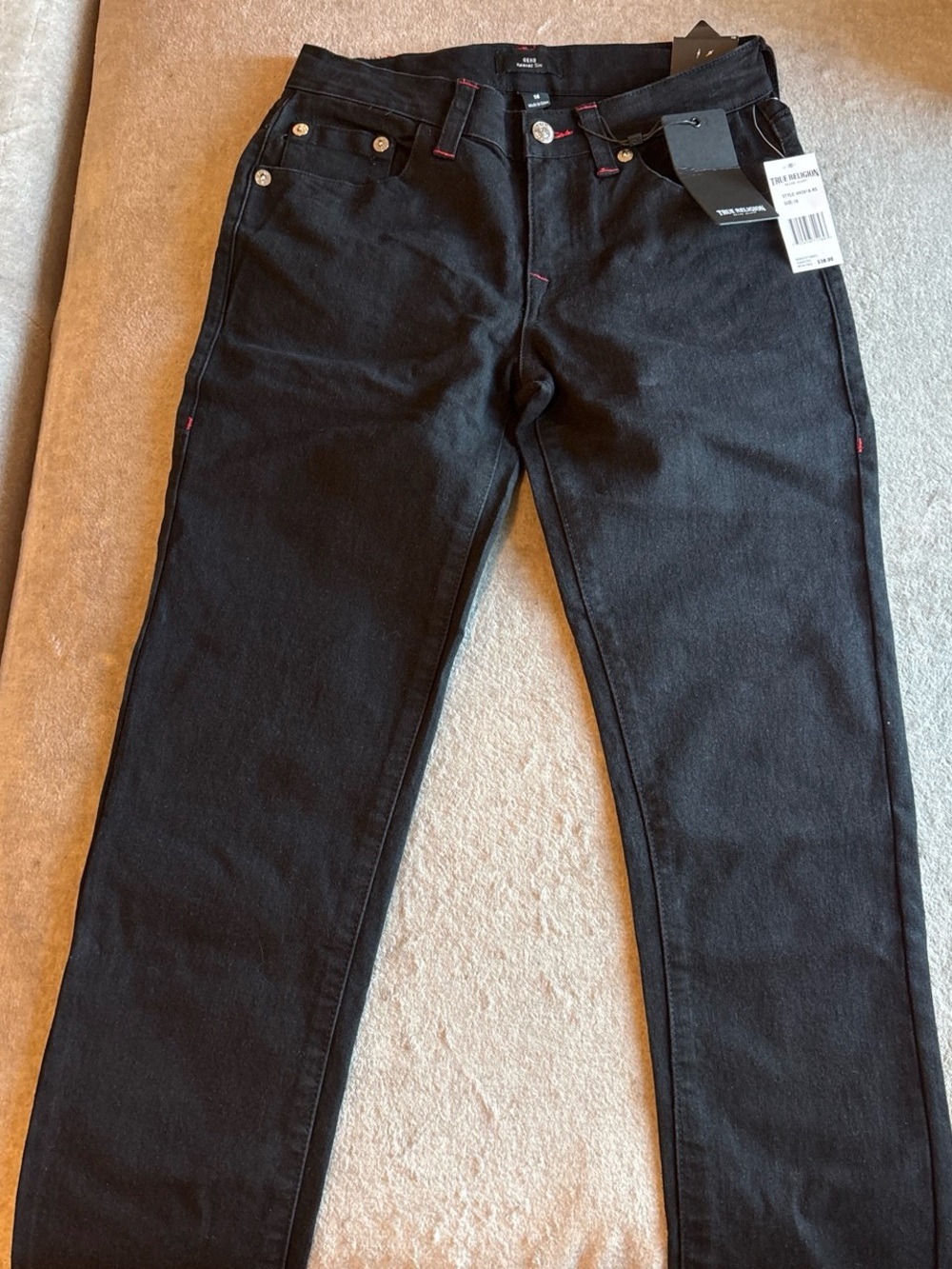 Girl youth True religion Black Straight-Leg Jeans with Red Stitch Accents